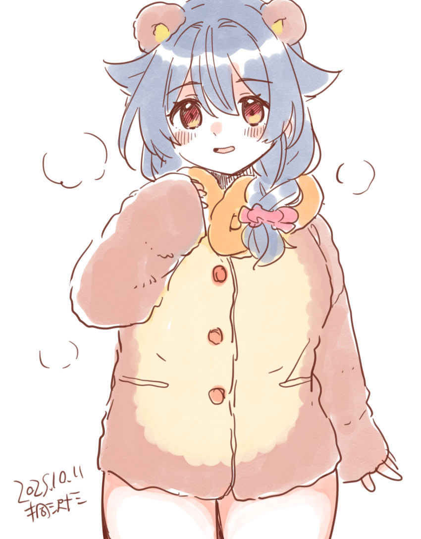 kirisawa juuzou, jingei (kancolle), kantai collection, 1girl, alternate costume, animal costume, animal ears, artist name, bear costume, bear ears, black hair, braid, brown shirt, cowboy shot, dated, fur shirt, hair flaps, hair over shoulder, long hair, red eyes, shirt, single braid, sleepwear, solo