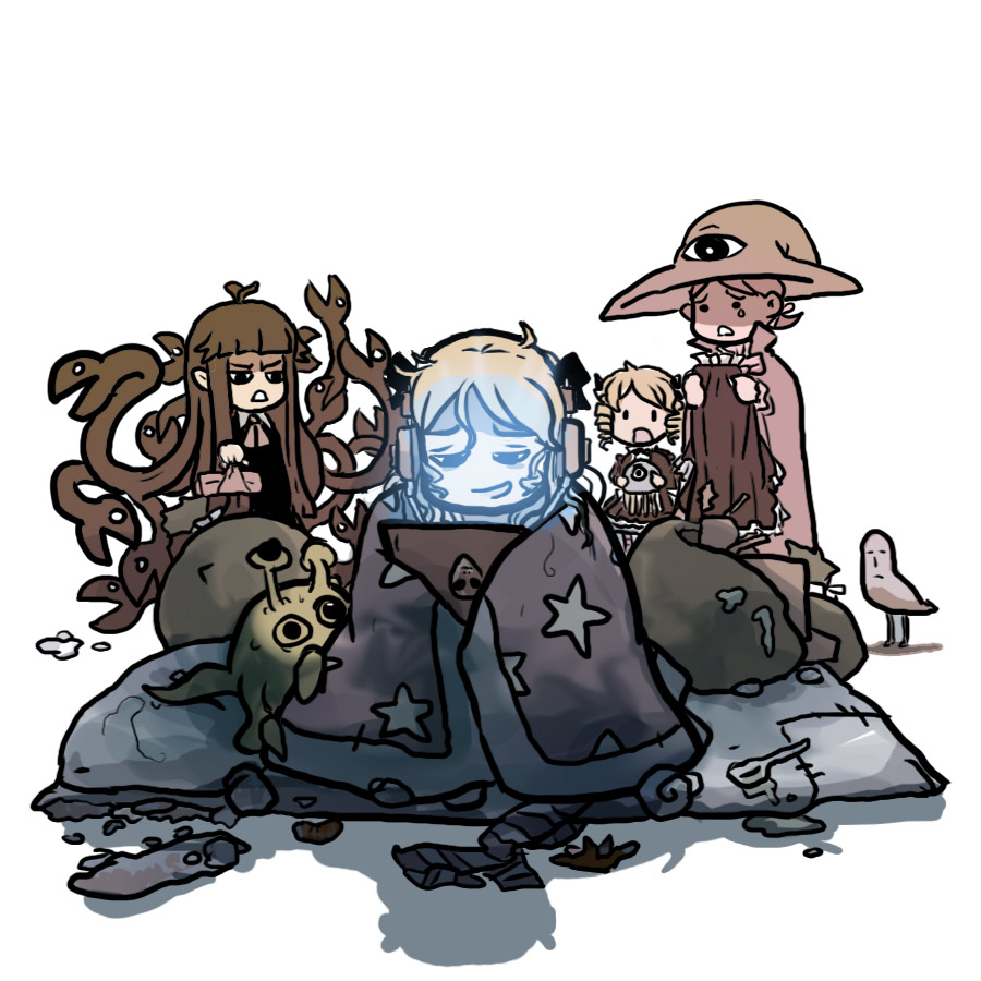 dan kim, calistor, mopple, mr. mopps, snax, momoka corner, messy, character request, 4girls, bird, blanket, blonde hair, creature, crying, crying with eyes open, cyclops, drill hair, facebird, full body, hat, headphones, living hair, looking at another, monster, multiple girls, one-eyed, simple background, snake hair, standing, tears, twin drills, white background, witch hat
