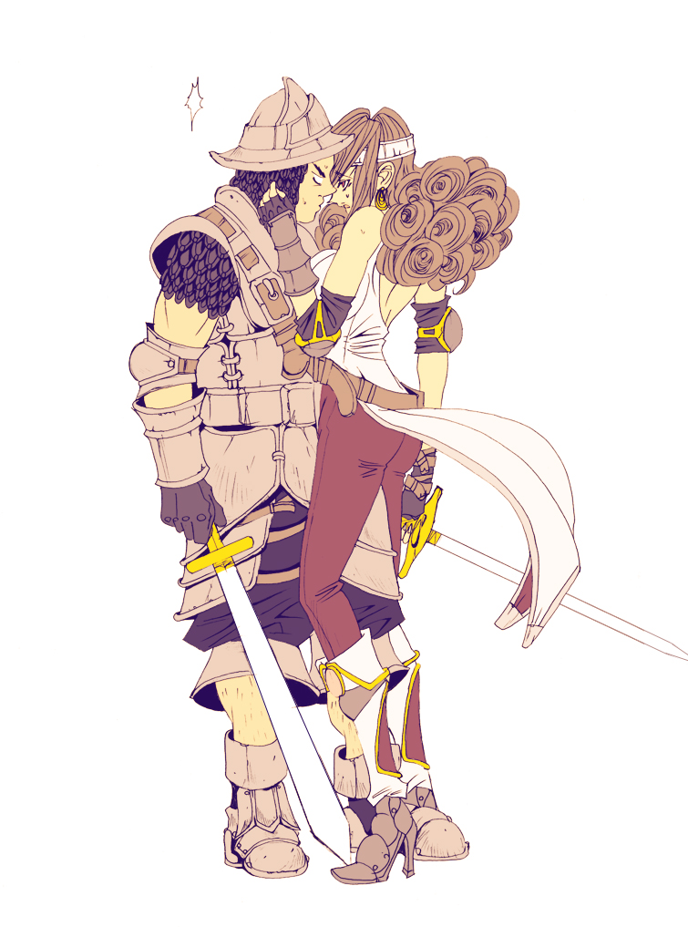 dattyo, adelbert steiner, beatrix, final fantasy, final fantasy ix, bad id, bad pixiv id, 00s, armor, belt, boots, brown hair, gloves, long hair, pantyhose, sword, weapon