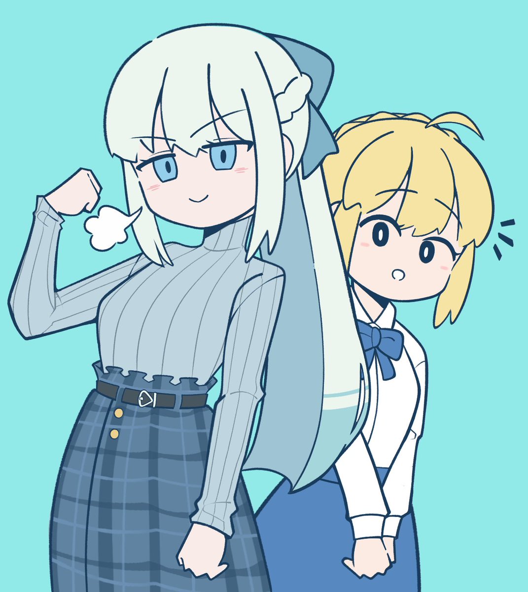 artoria pendragon (fate), morgan le fay (a break in the rainy season) (fate), morgan le fay (fate), saber (fate), fate/grand order, fate (series), highres, 2girls, blonde hair, blue eyes, bow, braid, hair between eyes, hair bow, half up braid, ichigo berry, long hair, looking at viewer, multiple girls, ponytail, short hair, smile, white hair
