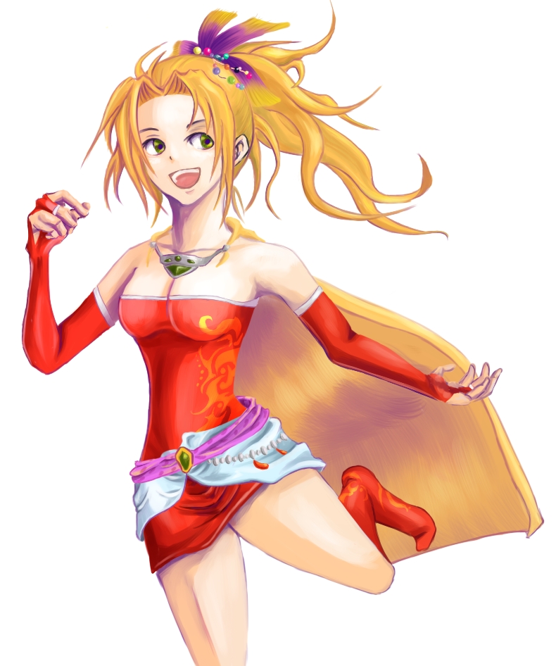 kagu ya, tina branford, final fantasy, final fantasy vi, 1990s (style), 1girl, blonde hair, cape, detached sleeves, female focus, green eyes, jewelry, necklace, no legwear, ponytail, retro artstyle, solo