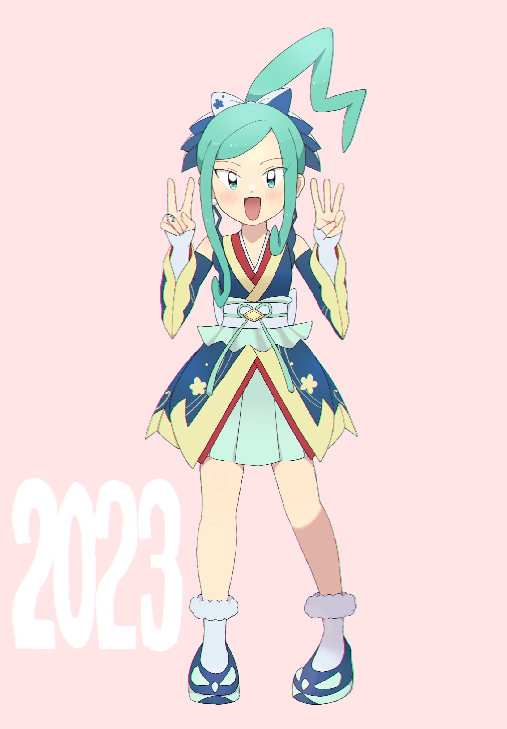 lisia (new year's 2023) (pokemon), lisia (pokemon), nintendo, pokemon, pokemon masters ex, highres, 1girl, 2023, detached sleeves, finger counting, full body, green eyes, green hair, looking at viewer, official alternate costume, open mouth, pink background, simple background, smile, solo, standing, udzuki sakuya