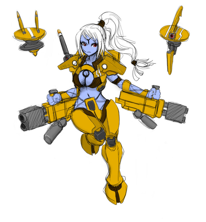 whonz, shas'o shaserra, t'au, tau drone, warhammer 40k, 1girl, alien, armor, blue skin, colored skin, drone, female focus, gun, hip focus, no nose, red eyes, solo, weapon, white hair, wide hips