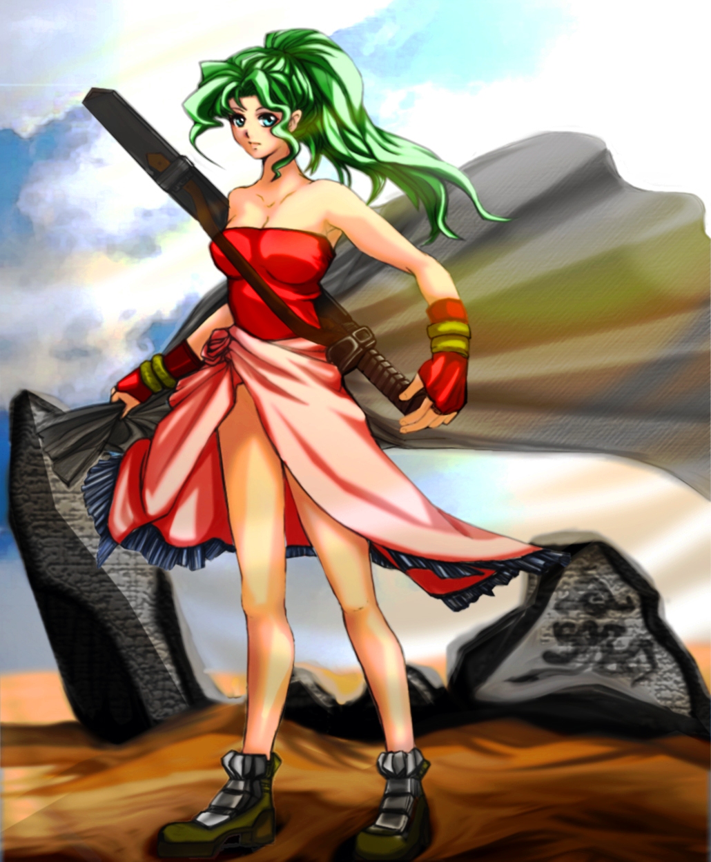 cyabos, tina branford, final fantasy, final fantasy vi, bad id, bad pixiv id, highres, 1990s (style), 1girl, blue eyes, breasts, cape, female focus, gloves, green hair, long hair, outdoors, ponytail, sky, solo, sword, weapon