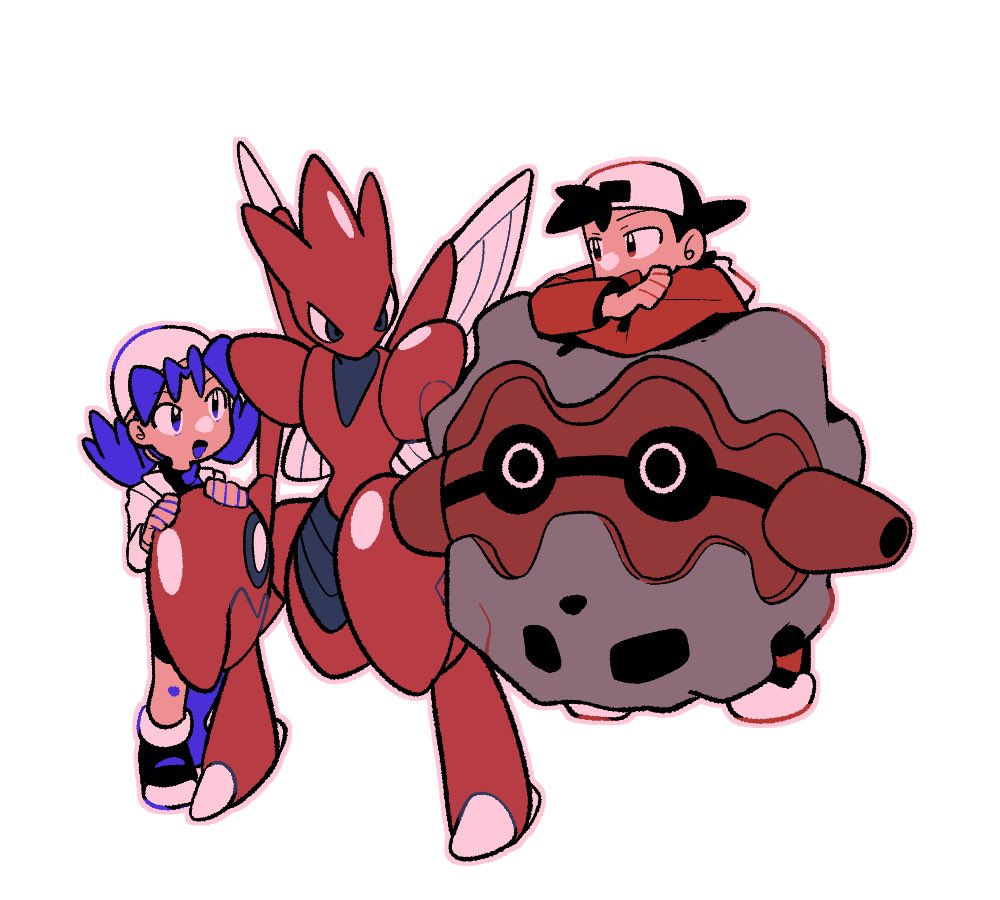 tyako 089, ethan (pokemon), forretress, kris (pokemon), scizor, nintendo, pokemon, pokemon gsc, 1boy, 1girl, backwards hat, baseball cap, beanie, bike shorts, black hair, blue eyes, blue hair, bug, claws, gen 2 pokemon, hat, insect wings, jacket, long hair, long sleeves, open mouth, pincers, pokemon (creature), red jacket, red shirt, shirt, short hair, shorts, simple background, smile, twintails, white background, wings