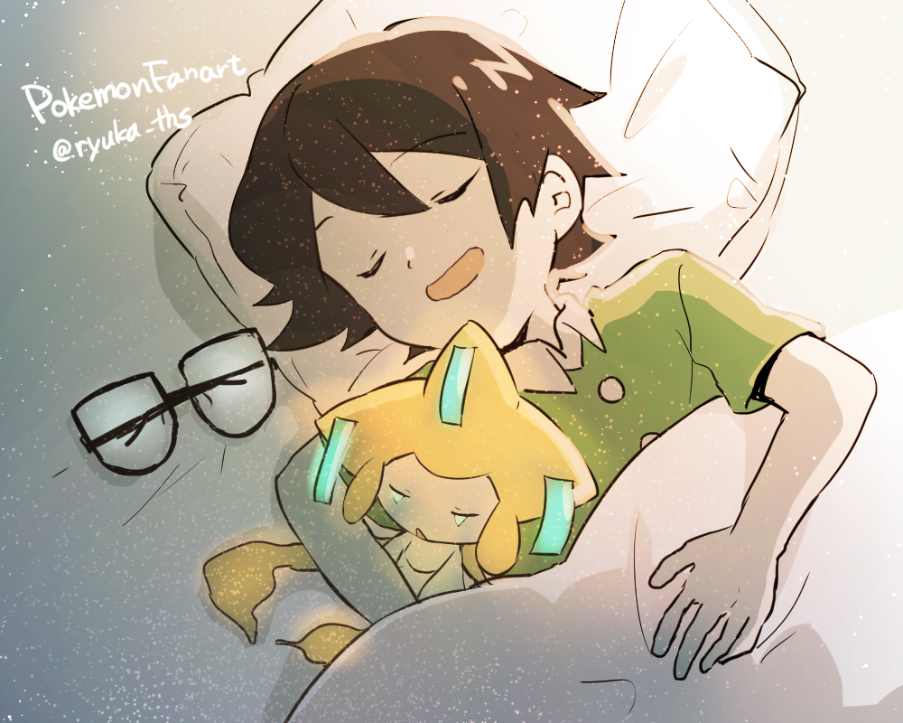 ryukadomatsu, jirachi, max (pokemon), nintendo, pokemon, pokemon: jirachi: wish maker, pokemon (anime), pokemon rse (anime), 1boy, black hair, closed eyes, collared shirt, gen 3 pokemon, glasses, green shirt, legendary pokemon, male focus, mythical pokemon, pillow, shirt, sleeping, under covers, unworn eyewear