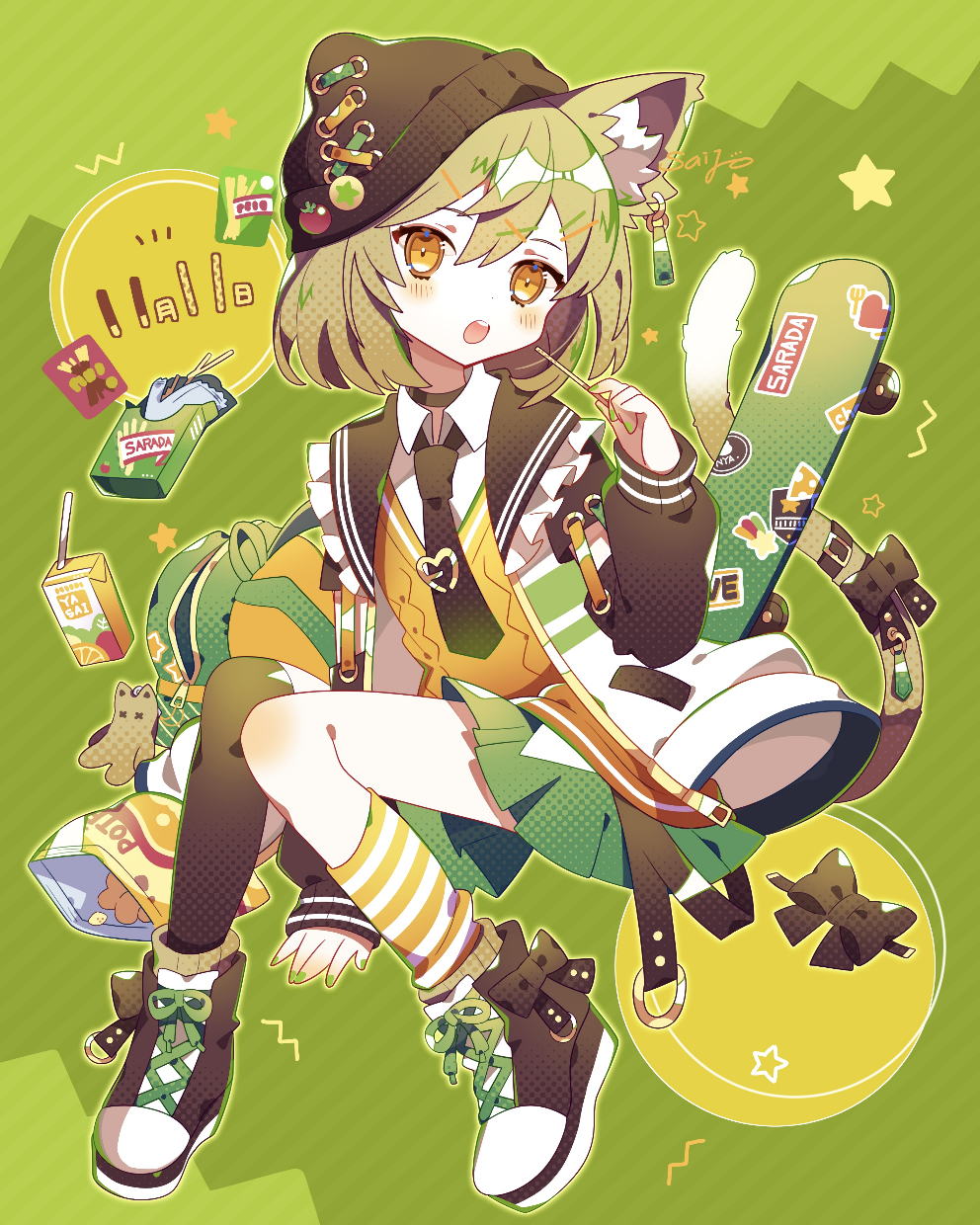 saijo1201, original, commentary request, highres, 1girl, animal ear fluff, animal ears, asymmetrical legwear, backpack, bag, bag of chips, beanie, blush, bow, brown bow, brown choker, brown hat, brown necktie, brown sailor collar, brown shoes, brown thighhighs, cat ears, cat girl, cat tail, choker, double-parted bangs, food, food-themed hat ornament, footwear bow, frilled sailor collar, frills, full body, green background, green hair, green nails, green skirt, hair between eyes, hair ornament, hairclip, hand up, hat, hat ornament, heart pin, holding, holding food, jacket, long sleeves, looking at viewer, miniskirt, mismatched legwear, nail polish, necktie, open clothes, open jacket, open mouth, orange eyes, over-kneehighs, parallel hairclips, pleated skirt, pocky, pocky day, sailor collar, shoes, short hair, signature, single over-kneehigh, single sock, single thighhigh, skateboard, skirt, sneakers, socks, solo, star (symbol), striped background, striped clothes, striped socks, sweater, tail, tail bow, tail ornament, teeth, thighhighs, uneven legwear, upper teeth only, white jacket, wing collar, yellow socks, yellow sweater