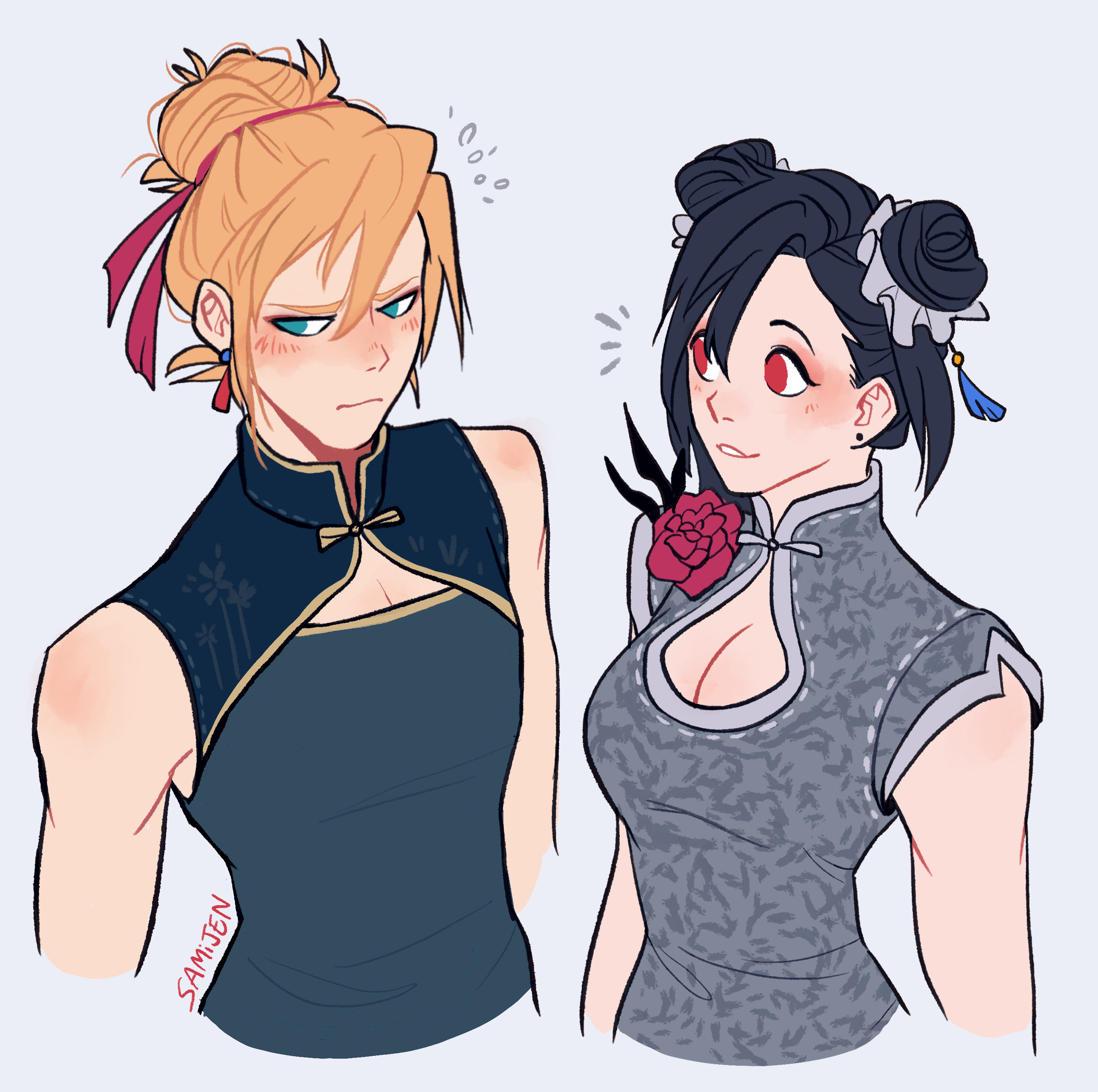 sami jen, cloud strife, tifa lockhart, tifa lockhart (sporty dress), final fantasy, final fantasy vii, final fantasy vii remake, absurdres, highres, 1boy, 1girl, blonde hair, blush, china dress, chinese clothes, crossdressing, crossdressing (mtf), double bun, dress, embarrassed, flower, green eyes, hair bun, looking at another, official alternate costume, official alternate hairstyle, red eyes, short sleeves, simple background, sleeveless, sleeveless dress, upper body