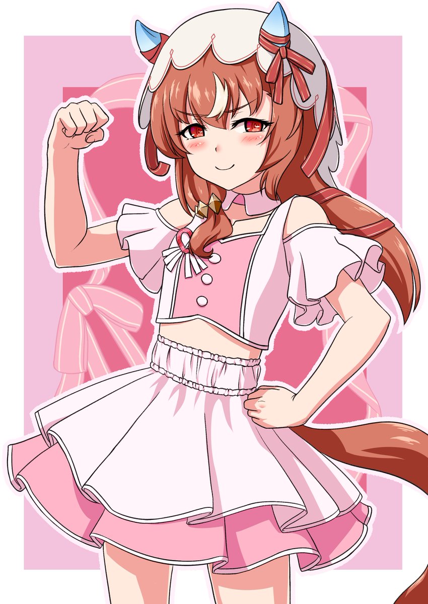 kasahebi, still in love (umamusume), umamusume, highres, 1girl, animal ears, blush, bow, breasts, brown hair, closed mouth, clothing cutout, collarbone, cowboy shot, cropped shirt, detached collar, ear covers, ear ornament, ear ribbon, hair between eyes, hair ornament, horse ears, horse girl, horse tail, layered skirt, long hair, looking at viewer, meni shuki rush-sshu!, midriff, pink shirt, pink skirt, red eyes, shirt, shoulder cutout, skirt, small breasts, smile, solo, tail, veil
