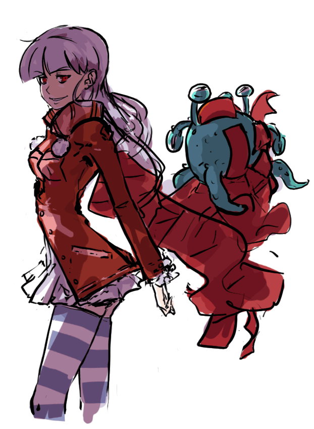 dan kim, mana (dan kim), mopple, mr. muddles, momoka corner, 1girl, coat, cowboy shot, creature, cropped legs, dress, from side, long hair, monster, purple hair, red coat, red eyes, scarf, short dress, simple background, skirt, smile, standing, striped clothes, striped thighhighs, thighhighs, white background, zettai ryouiki