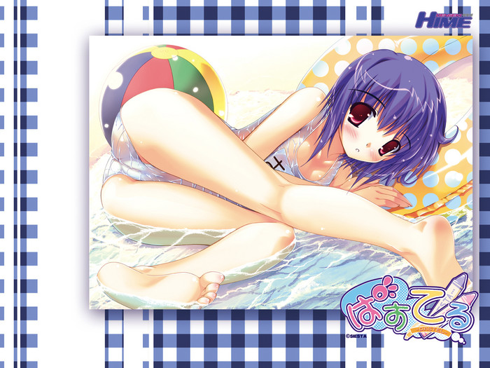 hazuki sakura, pastel (game), 1girl, ball, beach, beachball, blue hair, blush, cameltoe, female focus, innertube, one-piece swimsuit, school swimsuit, see-through clothes, short hair, solo, swim ring, swimsuit, water, wet, white one-piece swimsuit, white school swimsuit