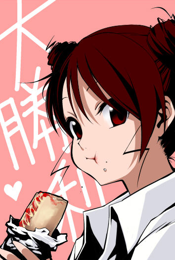 maskman, saotome suzume, hyakko, bad id, bad pixiv id, 00s, 1girl, :t, brown eyes, brown hair, double bun, eating, female focus, food, food on face, shirt, solo