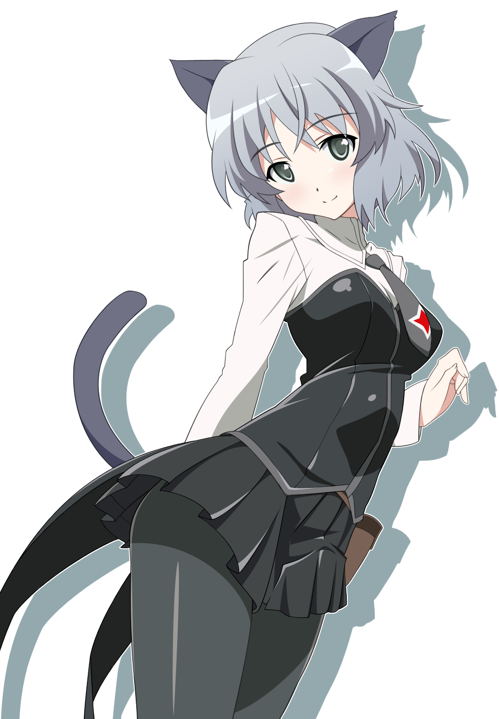 akishima kei, yamaguchi satoshi, sanya v. litvyak, strike witches, world witches series, silver hair, uniform, bad id, bad pixiv id, highres, 00s, 1girl, animal ears, black pantyhose, blush, cat ears, cat tail, female focus, green eyes, necktie, pantyhose, short hair, skirt, smile, solo, tail