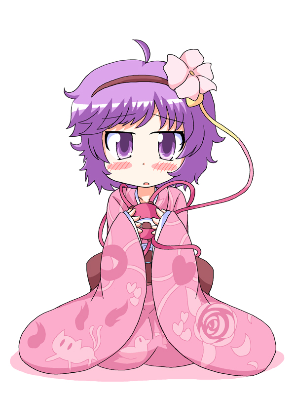 geetsu, komeiji satori, touhou, 1girl, ahoge, blush, female focus, flower, full body, japanese clothes, kimono, kneeling, plant, simple background, sitting, solo, white background