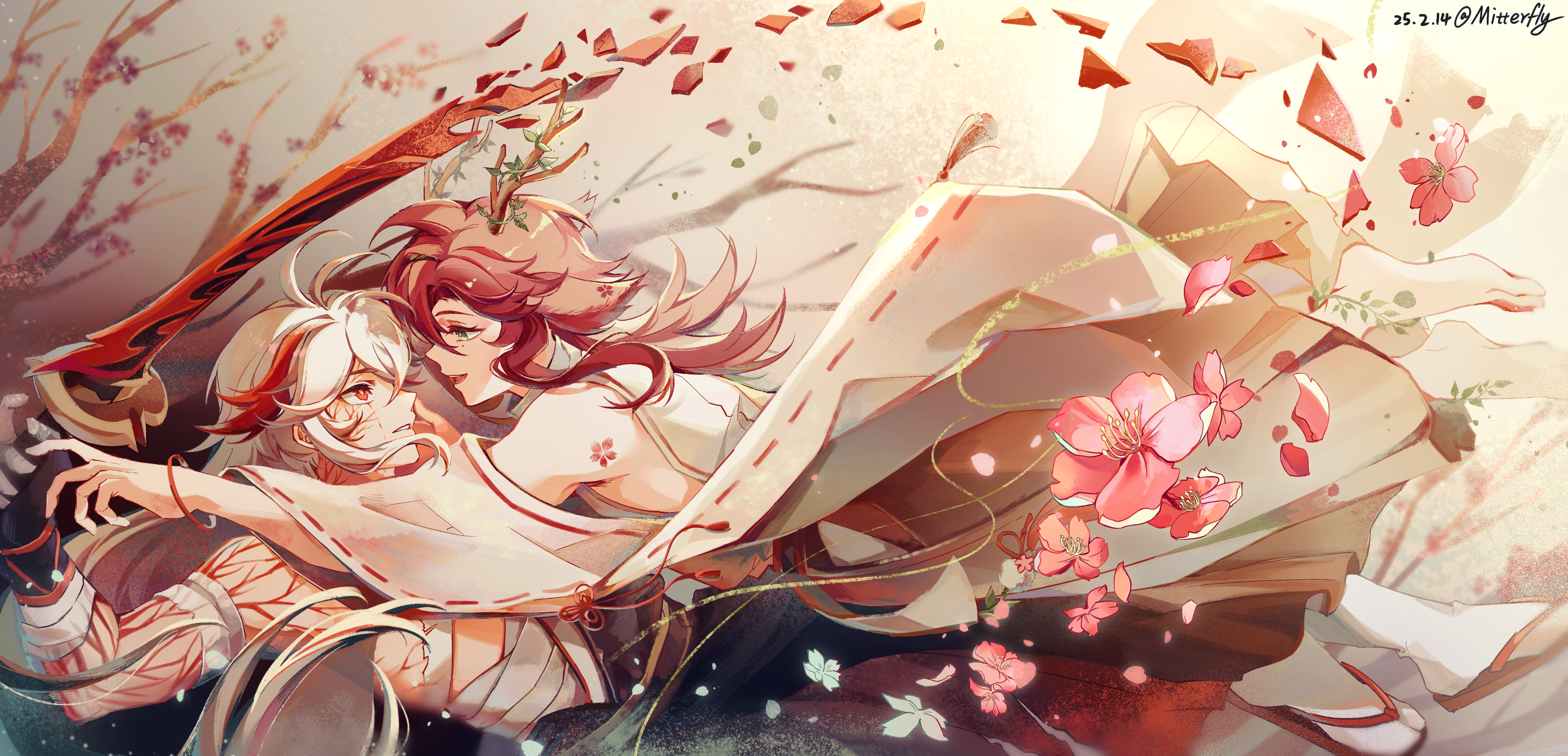 mitterfly, kaedehara kazuha, shikanoin heizou, genshin impact, absurdres, chinese commentary, highres, 2boys, :d, alternate costume, animal ears, anklet, antenna hair, antlers, arm strap, bandaged hand, bandages, bare shoulders, barefoot, black gloves, black kimono, body markings, boy on top, bracelet, branch, brown hakama, crossed bangs, curtained hair, dated, deer antlers, deer boy, deer ears, detached sleeves, disintegration, droopy ears, eye contact, fingerless gloves, flower, flower tattoo, from side, full body, gloves, green eyes, hadanugi dousa, hair between eyes, hair down, hakama, hand up, holding, holding sword, holding weapon, horns, japanese clothes, jewelry, katana, kemonomimi mode, kimono, leaf, light particles, long hair, long sleeves, looking at another, male focus, medium hair, midriff sarashi, mole, mole under eye, multicolored hair, multiple boys, nontraditional miko, open kimono, open mouth, outstretched arm, parted lips, petals, pink flower, profile, reaching, reaching towards another, red eyes, red hair, red hakama, ribbon-trimmed sleeves, ribbon trim, sandals, sarashi, shards, shoulder tattoo, sideless kimono, smile, socks, streaked hair, sword, tabi, tattoo, tree horns, weapon, white hair, white kimono, white sleeves, white socks, wide sleeves, yaoi, yellow background, zouri