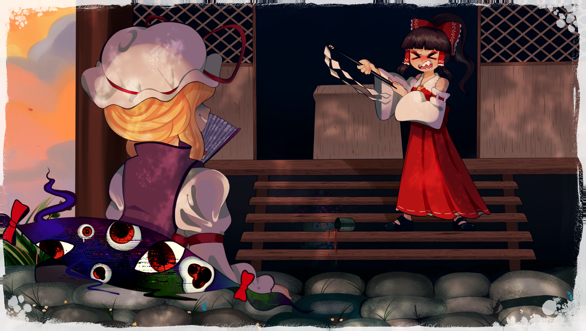 eddybird55555, hakurei reimu, yakumo yukari, touhou, highres, non-web source, > <, 2girls, angry, autumn leaves, blonde hair, border, brown hair, closed eyes, detached sleeves, dress, falling leaves, from behind, gap (touhou), glitch, gohei, hat, hat ribbon, holding, holding gohei, leaf, mob cap, multiple girls, on stairs, open mouth, outdoors, purple dress, red ribbon, ribbon, shaded face, shrine, sleeveless, stairs, touhou lensed night sky kaseigai, white sleeves