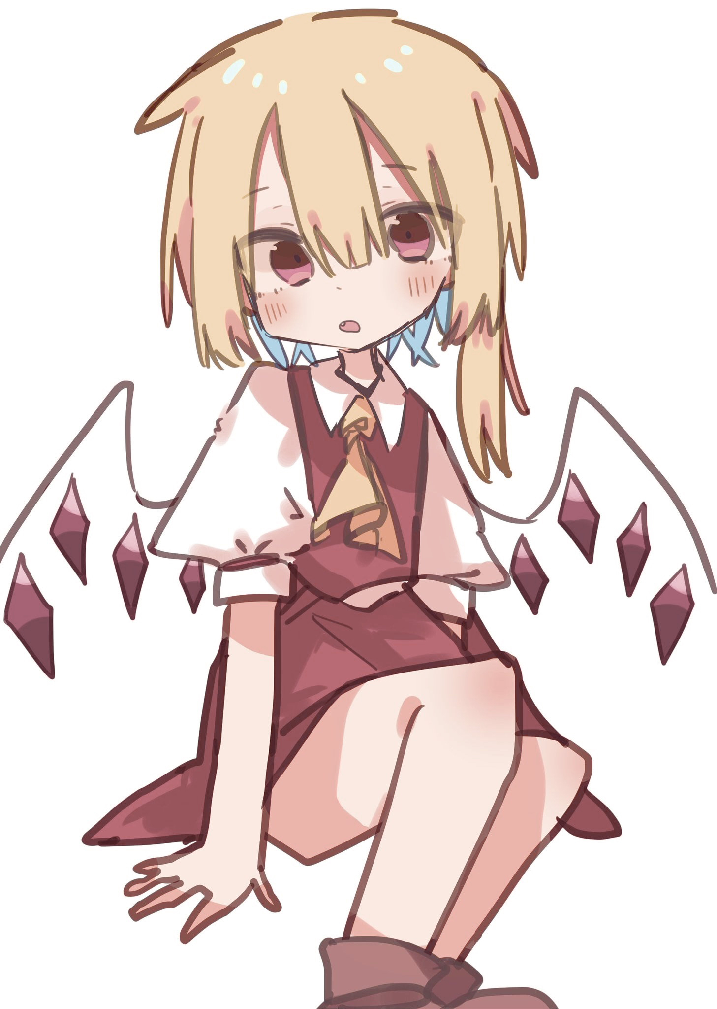 nacht musik, flandre scarlet, touhou, highres, 1girl, arm support, ascot, blonde hair, blush, chibi, collared shirt, crystal, frilled shirt collar, frills, full body, hair between eyes, looking at viewer, no headwear, open mouth, puffy short sleeves, puffy sleeves, red eyes, red skirt, red vest, shirt, short hair, short sleeves, side ponytail, simple background, sitting, skirt, skirt set, solo, vest, white background, white shirt, wings, yellow ascot