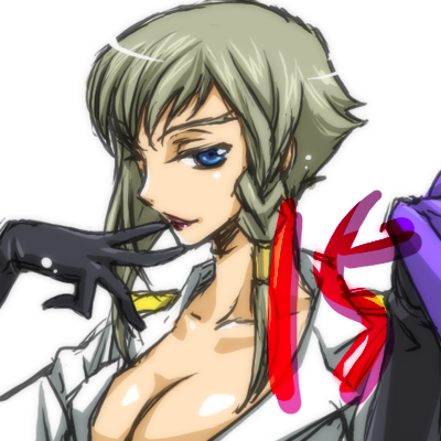 eikichi (hp001), nonette enneagram, code geass, code geass: lost colors, silver hair, lowres, 00s, 1girl, blue eyes, braid, breasts, cleavage, female focus, finger to mouth, gloves, knights of the round, large breasts, lips, open clothes, open shirt, seductive smile, shirt, short hair, side braid, single braid, smile, solo