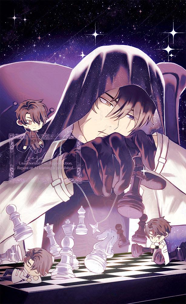secretive plotter, yoo joonghyuk, omniscient reader's viewpoint, 4boys, black eyes, black gloves, black hair, bored, checkmate, chess piece, chessboard, cloak, doll, floating, gloves, hand on own chin, heterochromia, holding, hood, hood up, hooded cloak, jewelry, king (chess), knight (chess), leezdoodles, male focus, mini person, miniboy, multiple boys, multiple persona, necklace, pawn (chess), queen (chess), rook (chess), scar, scar on face, scar on mouth, short hair, sitting, sky, space, star (sky), star pendant, starry sky, starry sky print, throne, yellow eyes