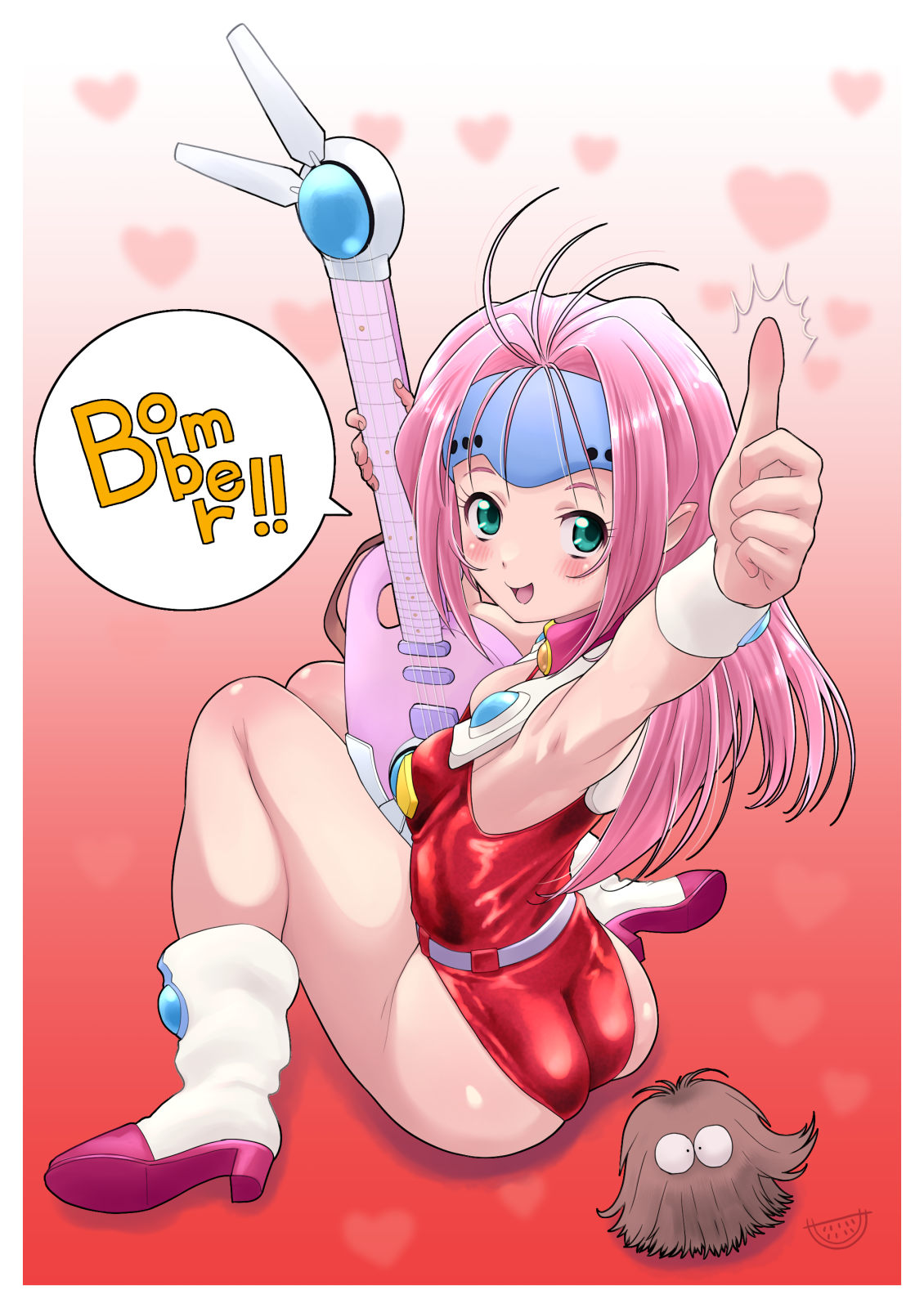suika blue, guvava, mylene jenius, macross, macross 7, highres, 1girl, ass, creature, electric guitar, green eyes, guitar, hair intakes, headband, instrument, leotard, long hair, looking at viewer, open mouth, pink hair, pointy ears, red leotard, socks, thumbs up, white socks, wristband