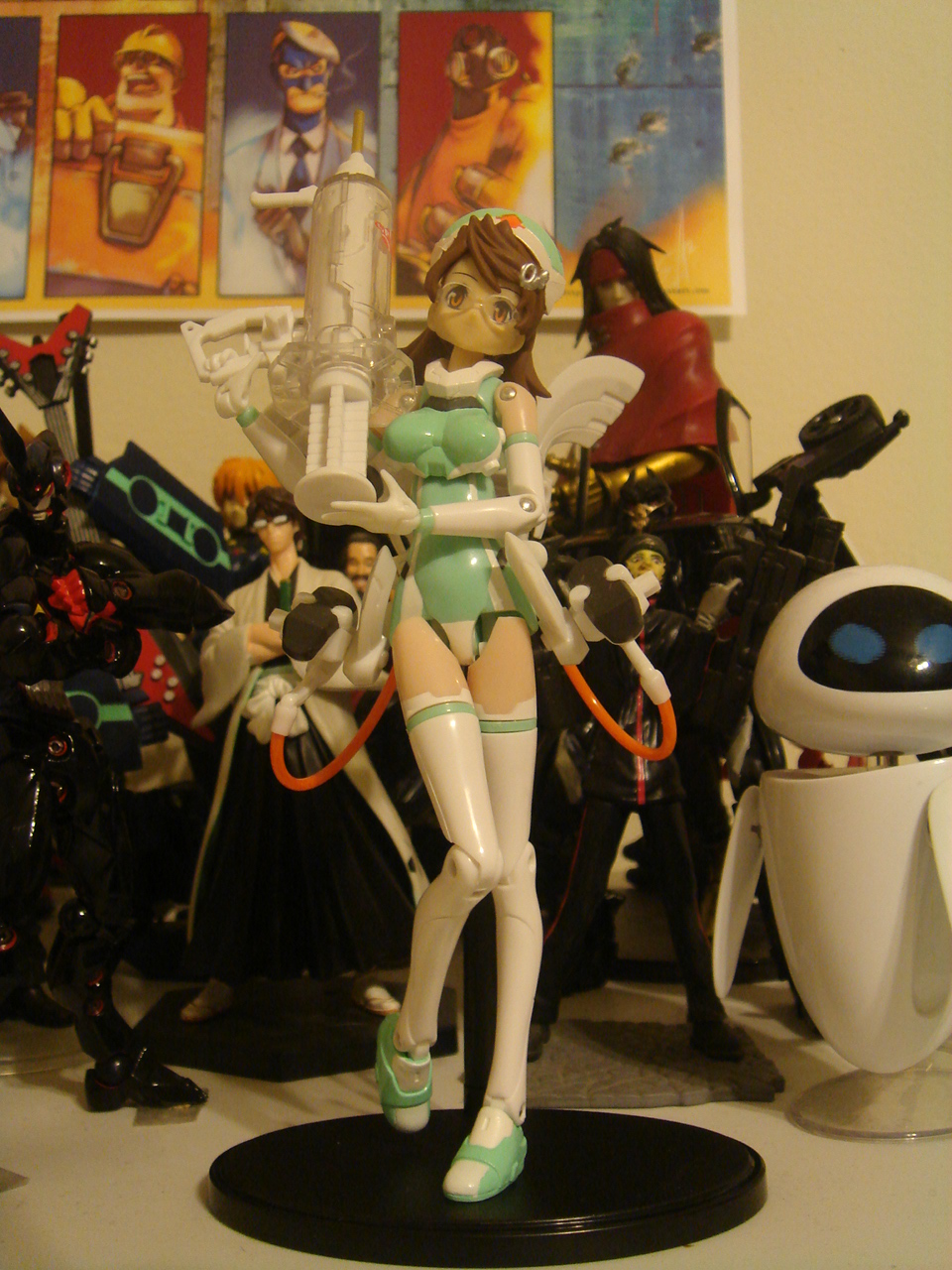 aizen sousuke, blu spy (tf2), bright feather (busou shinki), engineer (tf2), eve (wall-e), pyro (tf2), red engineer (tf2), red pyro (tf2), seras victoria, spy (tf2), vincent valentine, bleach, busou shinki, final fantasy, final fantasy vii, final fantasy vii advent children, hellsing, team fortress 2, transformers, white legwear, highres, photo (medium), 00s, 10s, 1990s (style), beret, black hair, breasts, brightfeather, brown hair, bullet hole, cable, cigarette, crossed arms, crossover, doll joints, dress, elbow gloves, figure, figure (medium), fire, formal clothes, full body, glasses, gloves, goggles, green dress, guitar, gun, hat, headband, helmet, holding, instrument, japanese clothes, joints, large breasts, leotard, light smile, mask, multiple boys, multiple girls, necktie, nurse, nurse cap, opaque glasses, orange hair, oversized object, poster (object), retro artstyle, robot, sash, short hair, smile, smoking, standing, suit, syringe, thigh gap, thighhighs, weapon, white gloves