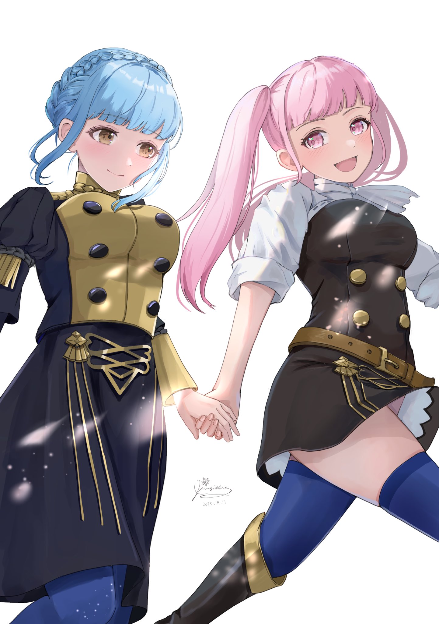 mugitoro (dsfv2277), hilda valentine goneril, marianne von edmund, fire emblem, fire emblem: three houses, nintendo, highres, 2girls, blue hair, blue pantyhose, blue thighhighs, blush, braid, breasts, brown eyes, closed mouth, crown braid, garreg mach monastery uniform, hair bun, holding hands, long hair, long sleeves, medium breasts, multiple girls, open mouth, pantyhose, pink eyes, pink hair, short hair, simple background, skindentation, smile, thick thighs, thighhighs, thighs, twintails, white background