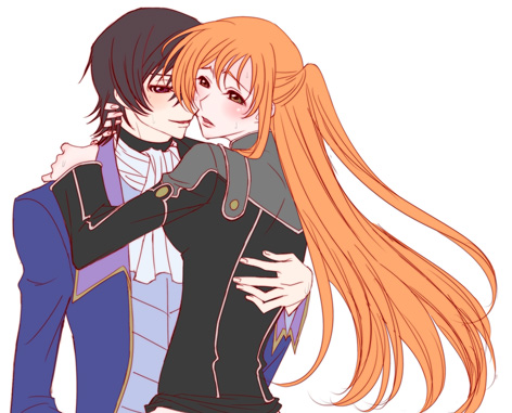 lelouch vi britannia, shirley fenette, code geass, lowres, 00s, 1boy, 1girl, ascot, black hair, blush, long hair, neck grab, orange hair, order of the black knights uniform, smile