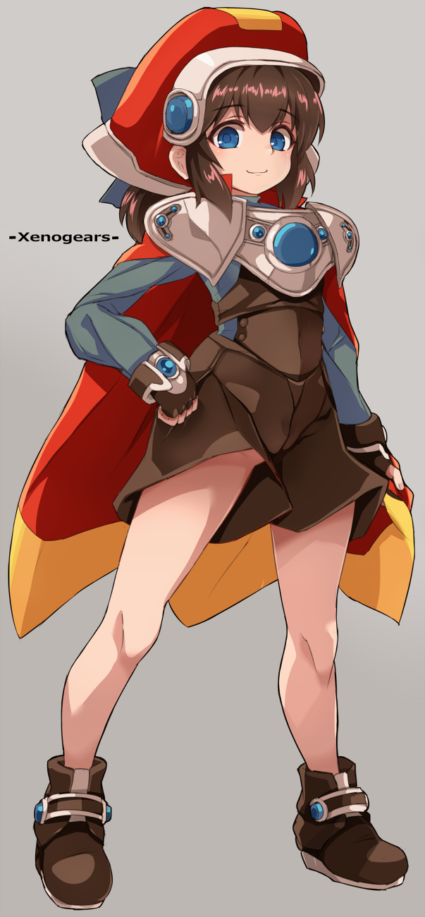 karukan (monjya), marguerite fatima, xenogears, commentary request, highres, 1girl, ankle boots, blue bow, blue eyes, blue shirt, boots, bow, brown boots, brown gloves, brown hair, brown overalls, cape, closed mouth, copyright name, fingerless gloves, full body, gloves, grey background, hair bow, hood, hood up, hooded cape, long sleeves, looking at viewer, medium hair, overall shorts, overalls, red cape, shirt, smile, solo, standing, two-tone cape, yellow cape