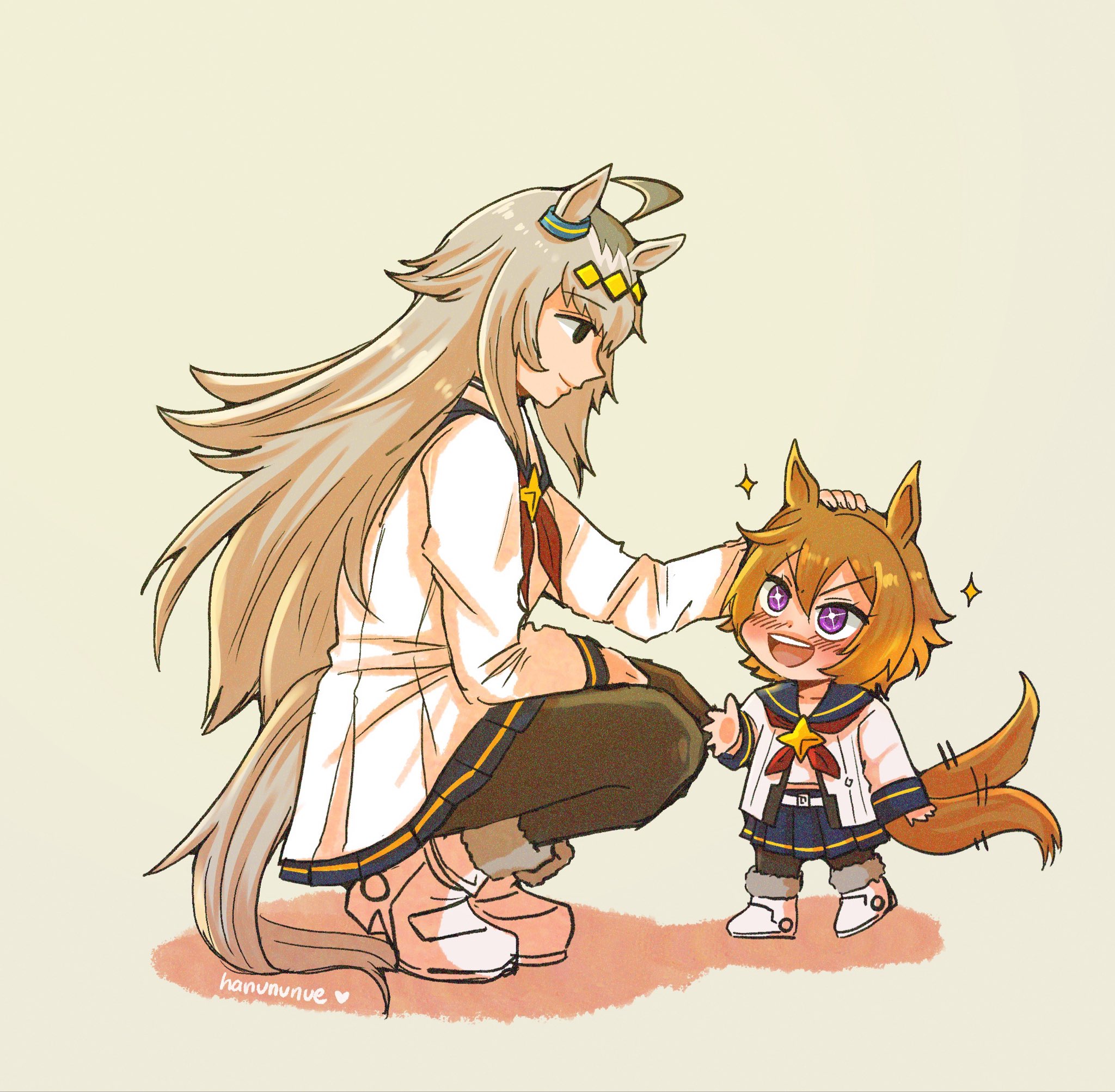 oguri cap (starlight beat) (umamusume), oguri cap (umamusume), t.m. opera o (umamusume), umamusume, umamusume: cinderella gray, highres, + +, 2girls, ahoge, animal ears, blue eyes, blue sailor collar, blue skirt, blush, boots, brooch, closed mouth, cosplay, ear ornament, grey hair, grey tail, hair between eyes, hair ornament, hairband, hanununue, headpat, horse ears, horse girl, horse tail, jacket, jewelry, long hair, long sleeves, multicolored hair, multiple girls, neckerchief, oguri cap (umamusume) (cosplay), open mouth, orange hair, orange tail, pantyhose, purple eyes, red neckerchief, sailor collar, shirt, shoes, short hair, simple background, skirt, smile, squatting, star (symbol), star brooch, tail, tail wagging, white boots, white jacket, white shirt