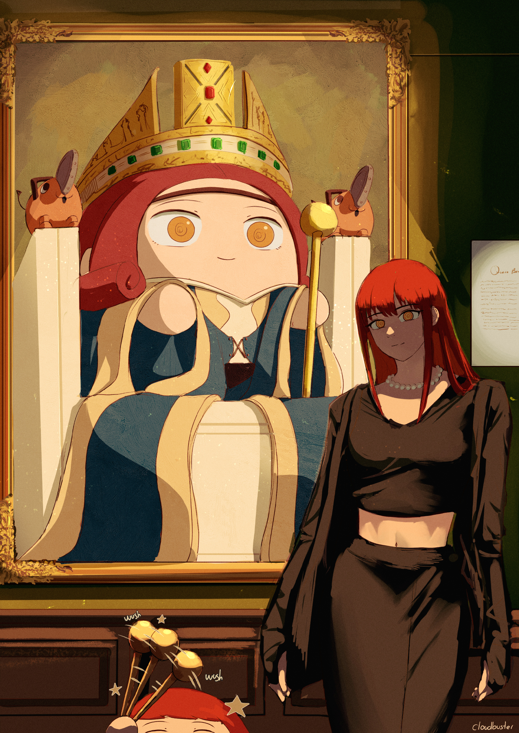 makima (chainsaw man), pochita (chainsaw man), chainsaw man, absurdres, highres, 1girl, black shirt, black skirt, breasts, character doll, closed mouth, cloudbuster 104, doll, indoors, jewelry, light smile, long hair, looking at viewer, museum, necklace, painting (object), pearl necklace, red hair, ringed eyes, shirt, sidelocks, skirt, small breasts, star (symbol), yellow eyes