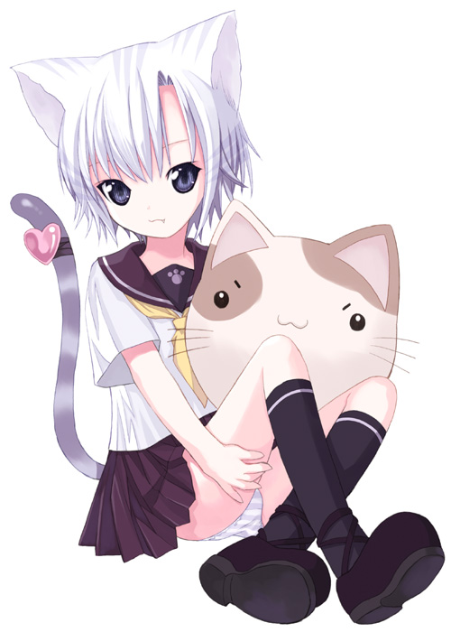 kiira, original, animal ears, blue eyes, cat ears, cat tail, child, panties, school uniform, skirt, solo, striped clothes, striped panties, tail, underwear, white hair
