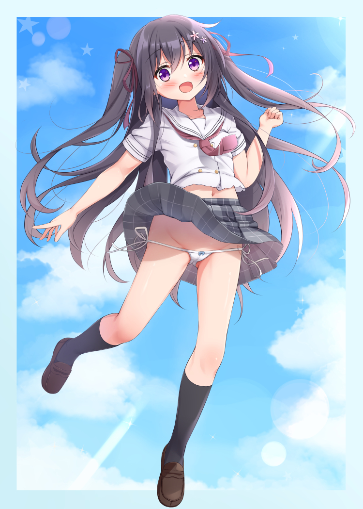 mika miche, original, commentary request, variant set, 1girl, black hair, black socks, blue border, blue sky, blush, border, bow, bow panties, brown shoes, clenched hand, clothes lift, crotch seam, floating hair, full body, grey skirt, groin, hand up, kneehighs, loafers, long hair, looking at viewer, lowleg, lowleg panties, midriff peek, navel, necktie, open mouth, outside border, panties, pantyshot, pink necktie, plaid clothes, plaid skirt, pleated skirt, purple eyes, sailor collar, school uniform, serafuku, shirt, shoes, short sleeves, side-tie panties, skirt, skirt lift, sky, socks, solo, underwear, very long hair, white panties, white sailor collar, white shirt, wind, wind lift