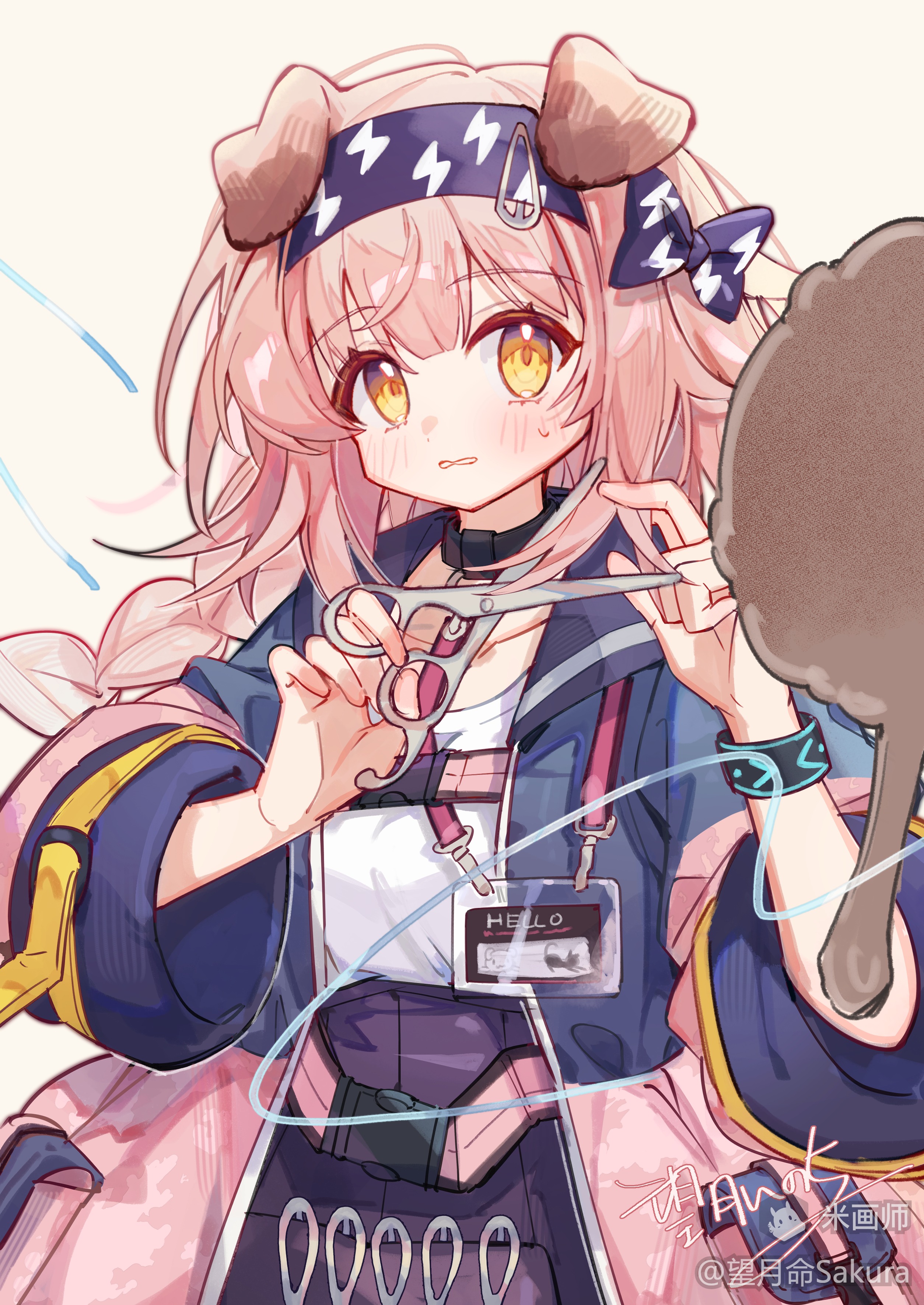mochizuki inochi, goldenglow (arknights), infection monitor (arknights), arknights, absurdres, highres, 1girl, animal ears, black hairband, blush, braid, cat ears, chestnut mouth, coat, cutting hair, cutting own hair, embarrassed, hairband, hand mirror, harness, holding, holding scissors, id card, lightning bolt print, long hair, looking at viewer, mirror, object in pocket, parted lips, pink coat, pink hair, pocket, purple skirt, scissors, shirt, signature, simple background, skirt, solo, upper body, white shirt, yellow background, yellow eyes