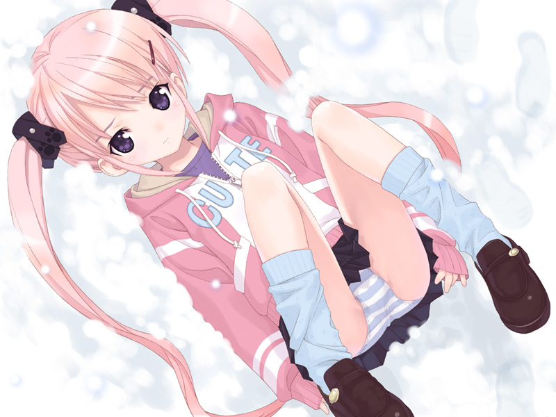 kiira, galge.com, original, 1girl, blue panties, blue socks, female focus, jacket, loli, loose socks, panties, pantyshot, pink hair, purple eyes, sitting, skirt, snow, socks, solo, striped clothes, striped panties, twintails, underwear, upskirt