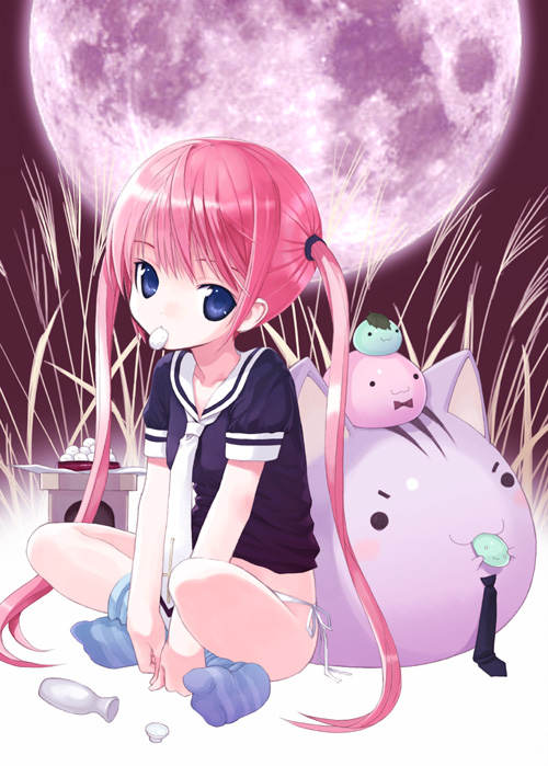 kiira, original, 1girl, blue eyes, child, dumpling, feet, female focus, food, full moon, long hair, moon, mouth hold, panties, pink hair, side-tie panties, socks, solo, striped clothes, striped socks, twintails, underwear