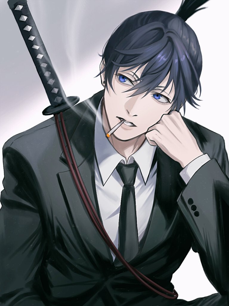 tori art07, hayakawa aki, chainsaw man, commentary, symbol-only commentary, 1boy, black hair, black jacket, black necktie, blue eyes, collared shirt, hair between eyes, jacket, male focus, necktie, shirt, short hair, solo, suit jacket, topknot, upper body, weapon, weapon on back, white shirt