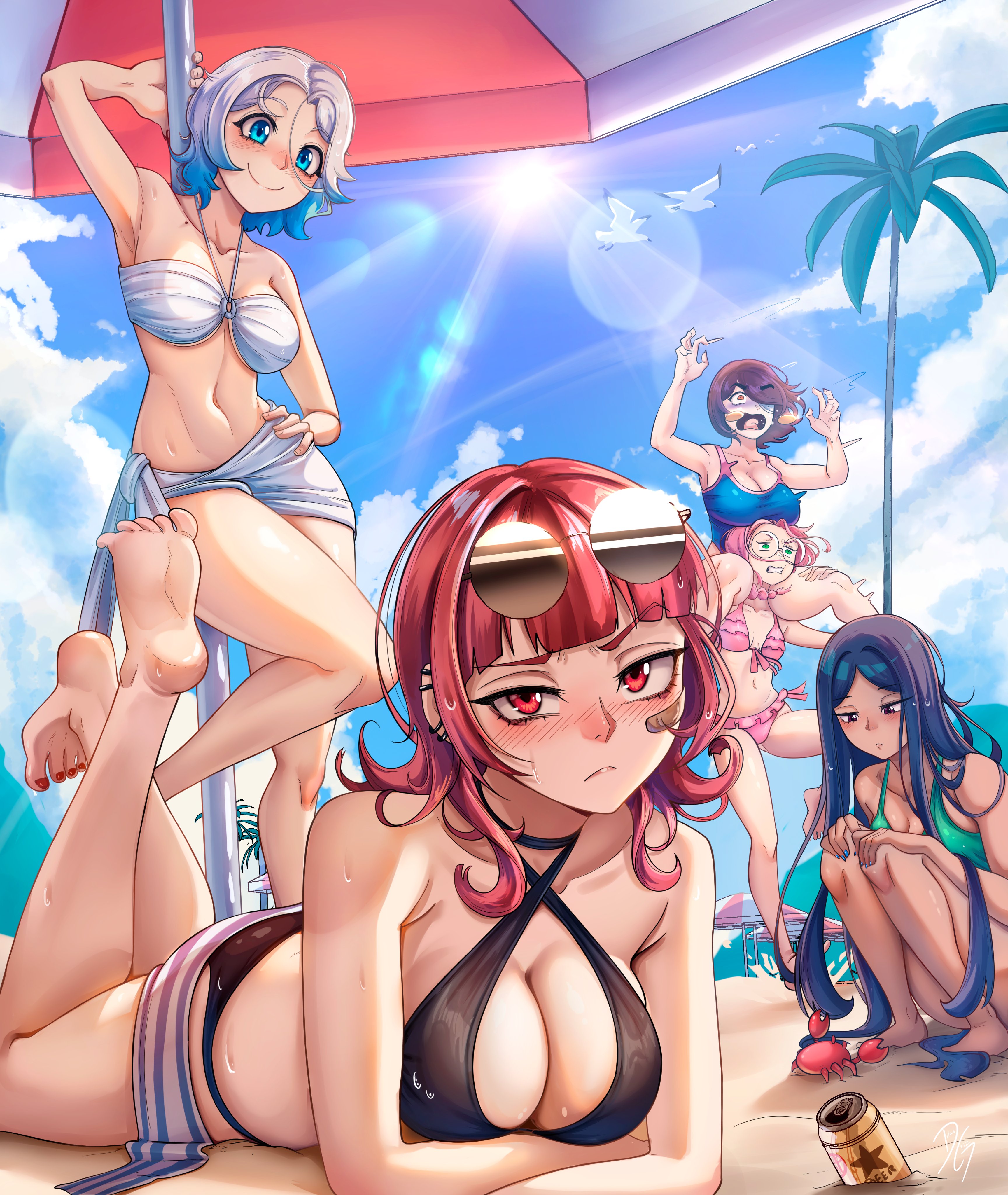 dilan griz, charlotte (dilan griz), erika (dilan griz), julieth (dilan griz), kat (dilan griz), queen (dilan griz), original, absurdres, commentary request, highres, 5girls, arm up, bandaid, bandaid on cheek, bandaid on face, beach, beach umbrella, bikini, bird, black bikini, black eyes, black hair, black one-piece swimsuit, blue eyes, blue hair, blue sky, blush, breasts, can, choppy bangs, cleavage, closed mouth, cloud, collarbone, crab, crossed arms, day, drink can, ear piercing, eyewear on head, feet, feet up, gradient hair, green bikini, green eyes, hair over one eye, large breasts, long hair, looking at viewer, lying, medium breasts, medium hair, mole, mole on collarbone, multicolored hair, multiple girls, nose, on stomach, one-piece swimsuit, one eye covered, open mouth, orange eyes, outdoors, palm tree, parted bangs, parted hair, piercing, pink bikini, pink hair, purple hair, red eyes, red hair, round eyewear, short hair, sky, small breasts, smile, spanish commentary, standing, sun, sunglasses, sweat, swimsuit, toes, tree, umbrella, white bikini, white hair