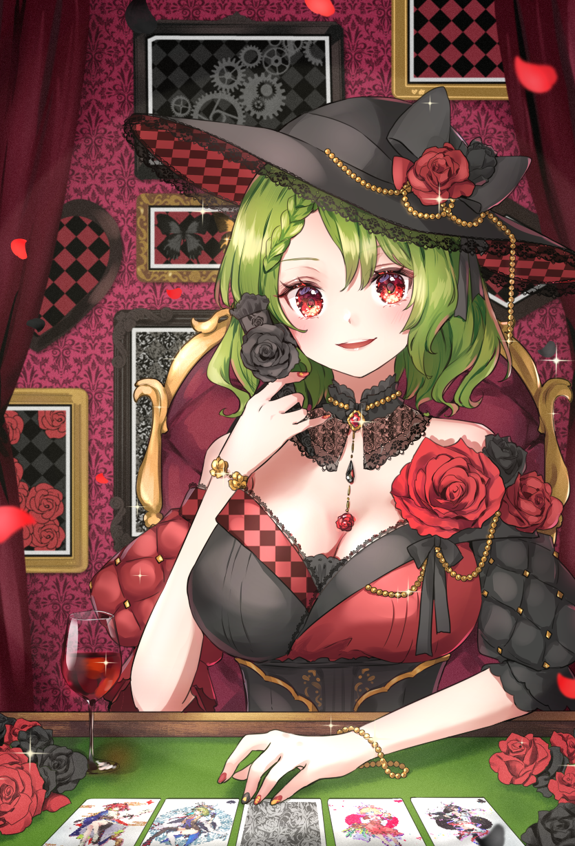 shironeko yuuki, kazami yuuka, touhou, commentary request, highres, 1girl, alcohol, alternate costume, asymmetrical bangs, bead bracelet, beads, black bow, black corset, black dress, black flower, black hat, black nails, black rose, bow, bracelet, braid, braided bangs, breasts, cleavage, corset, cup, curtains, dress, drinking glass, flower, gold bracelet, hair flower, hair ornament, hat, hat bow, hat flower, hat ribbon, indoors, jewelry, lace-trimmed headwear, lace collar, lace trim, large breasts, looking at viewer, multicolored nails, nail polish, open mouth, pendant collar, picture frame, poker, poker table, quilted clothes, red dress, red eyes, red flower, red nails, red rose, ribbon, rose, single sleeve, smile, solo, sparkle, table, two-tone nails, upper body, wine, wine glass