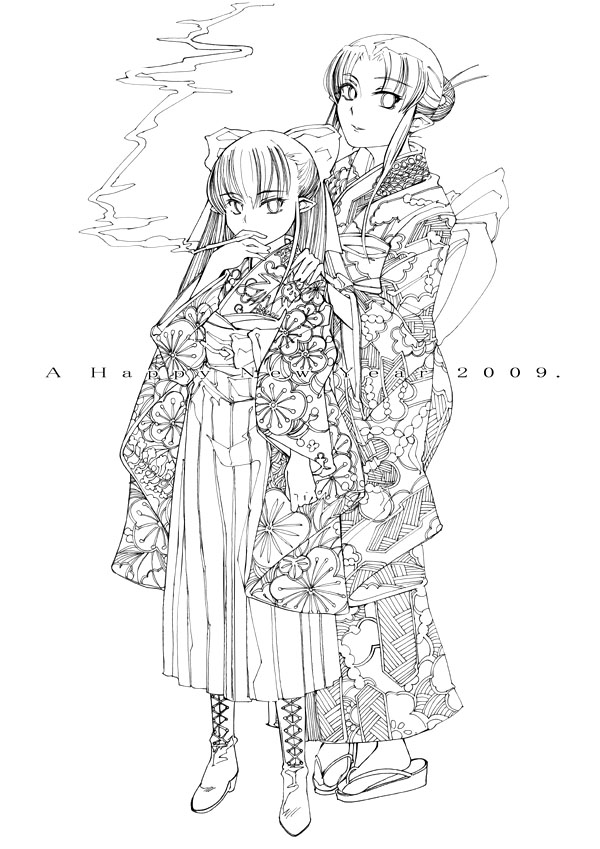 morisoban, len (tsukihime), medea (caster) (fate), medea (fate), fate/stay night, fate (series), original, tsukihime, 00s, 2009, 2girls, boots, bow, cigarette, dress, floral print, geta, greyscale, hair bow, hair bun, hakama, hakama skirt, hand on another's shoulder, happy new year, holding, holding smoking pipe, japanese clothes, kimono, kiseru, lace-up boots, long hair, meiji schoolgirl uniform, monochrome, multiple girls, new year, obi, outline, pipe in mouth, pointy ears, print dress, print kimono, sandals, sash, sidelocks, simple background, single hair bun, skirt, smoking, smoking pipe, standing, tabi, trait connection, white background