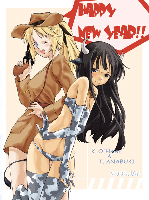 takano natsuki, anabuki tomoko, katharine o'hare, strike witches, strike witches: suomus misfits squadron, world witches series, 00s, 2girls, animal ears, animal print, black hair, blonde hair, cow print, cowboy hat, cowboy western, cowgirl (western), elbow gloves, english text, gloves, hat, horns, multiple girls, new year, thighhighs