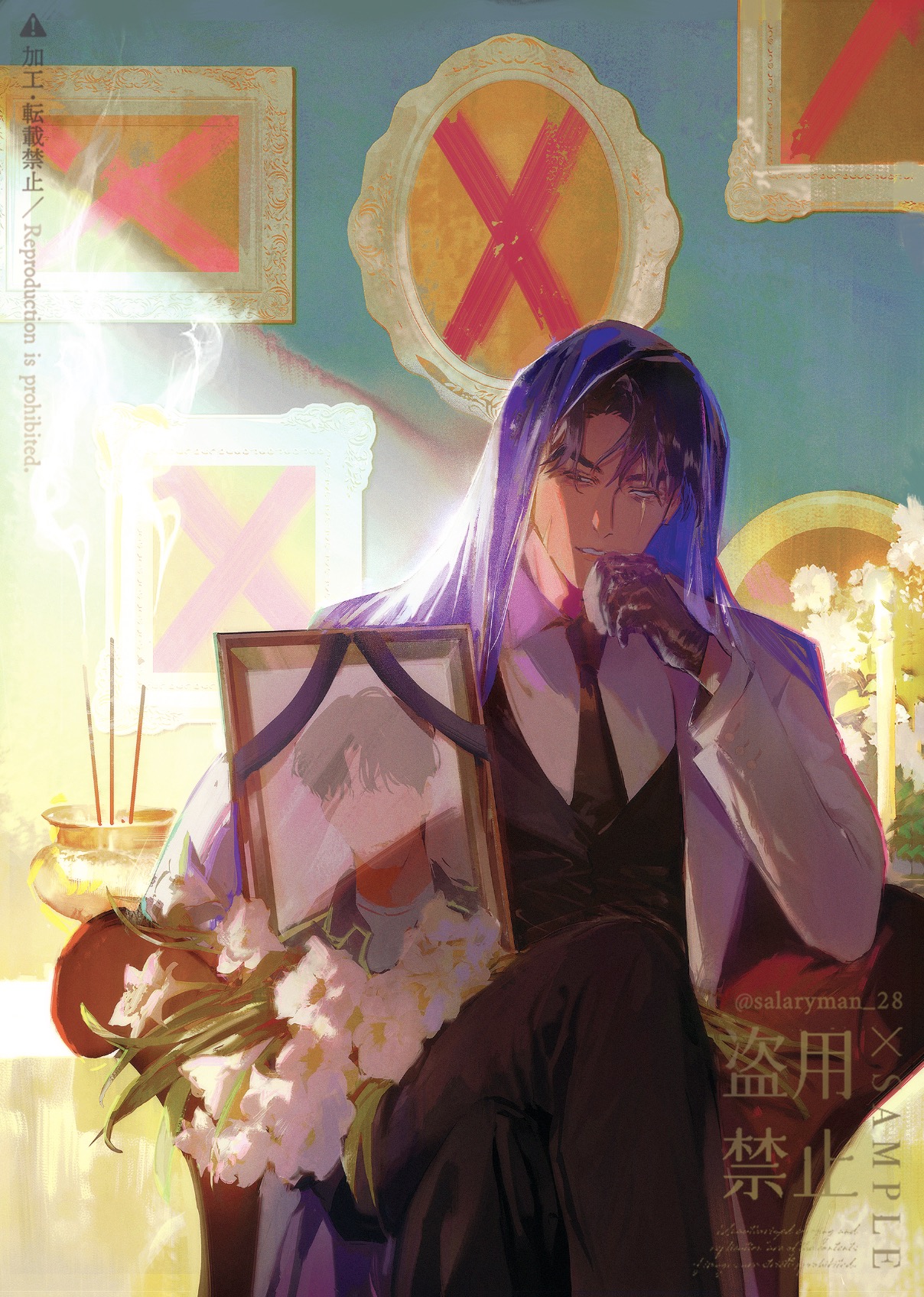 salarymanwaka, secretive plotter, yoo joonghyuk, omniscient reader's viewpoint, check flower, flower request, highres, 1boy, armchair, black gloves, black hair, black necktie, black vest, bouquet, chair, cloak, coat, collared shirt, crossed legs, curtained hair, flower, gloves, hand on own chin, holding portrait, hood, hood up, hooded cloak, iei, incense burner, lily (flower), male focus, necktie, portrait (object), scar, scar across eye, scar on face, shirt, short hair, sidelighting, single empty eye, sitting, solo, sunlight, vest, white coat, white shirt, x (symbol)