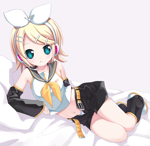 kiira, kagamine rin, vocaloid, lowres, arm support, bed sheet, belt, blonde hair, blue eyes, boots, detached sleeves, gradient eyes, hair ornament, hairclip, headband, headphones, lying, multicolored eyes, neckerchief, open belt, open clothes, open fly, open shorts, panties, short shorts, shorts, solo, swept bangs, unbuckled, unbuttoned, underwear, unzipped