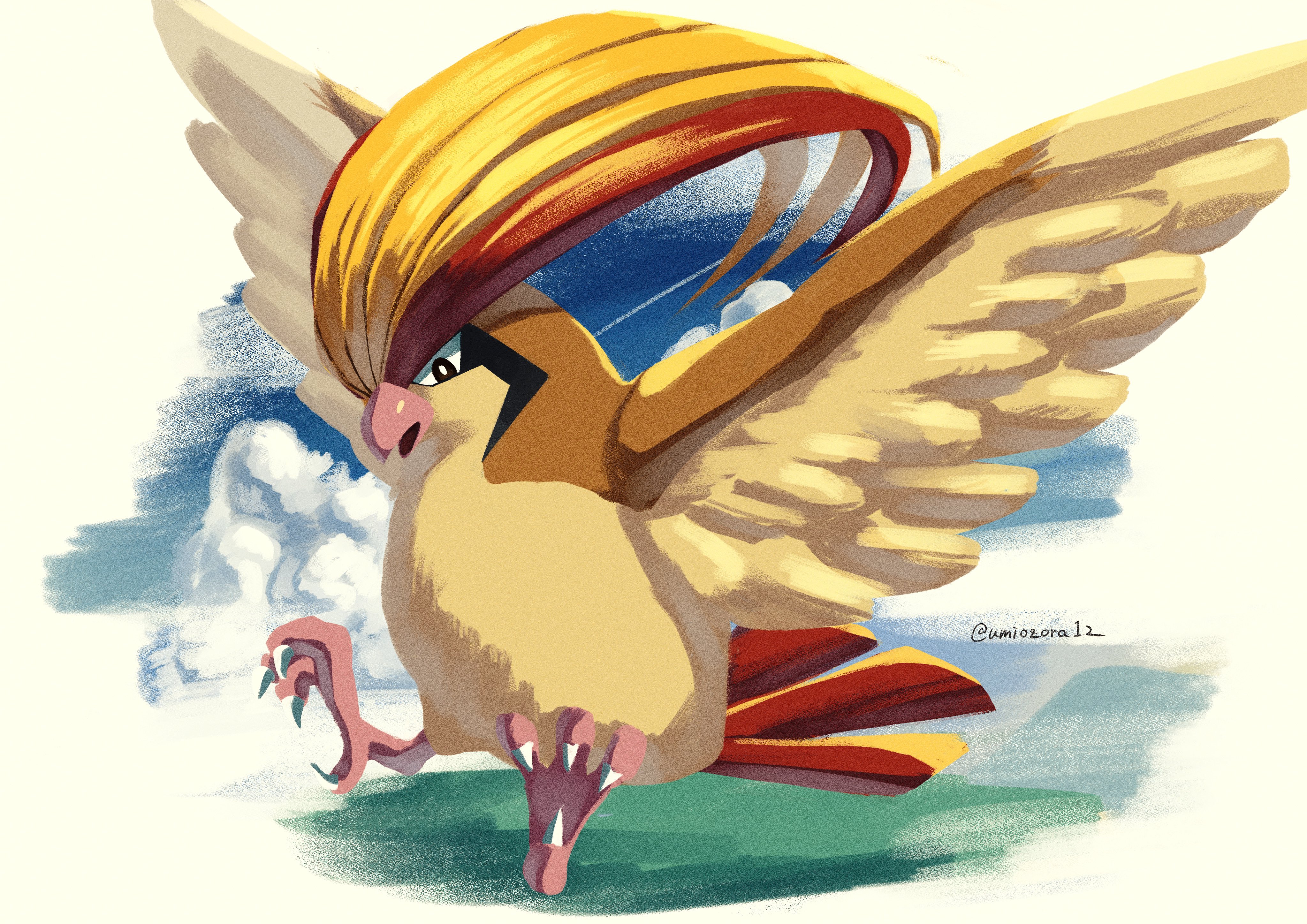 noahzark1212, pidgeot, nintendo, pokemon, absurdres, highres, animal focus, bird, blue sky, cloud, flying, full body, gen 1 pokemon, open mouth, pokemon (creature), pokemon focus, sky, solo, tail, talons, wings