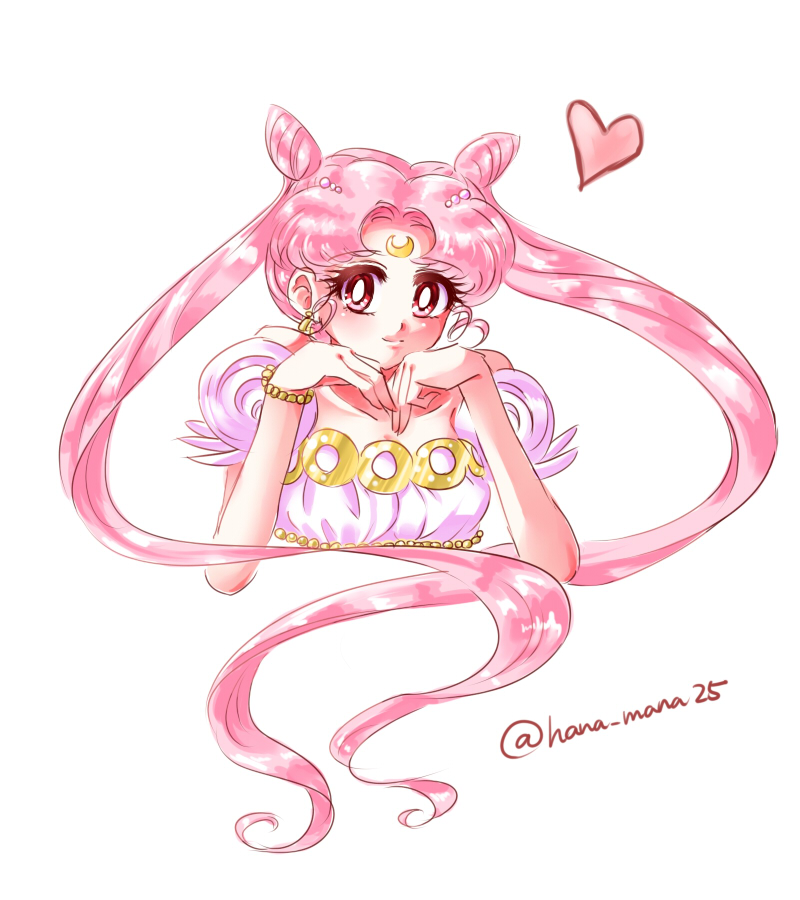 hnt-yuhk-7, chibi usa, bishoujo senshi sailor moon, aged up, bare shoulders, bracelet, cone hair bun, crescent, crescent facial mark, double bun, dress, earrings, facial mark, forehead mark, hair bun, hair ornament, head on hands, jewelry, long hair, pink hair, smile, twintails, very long hair, white dress
