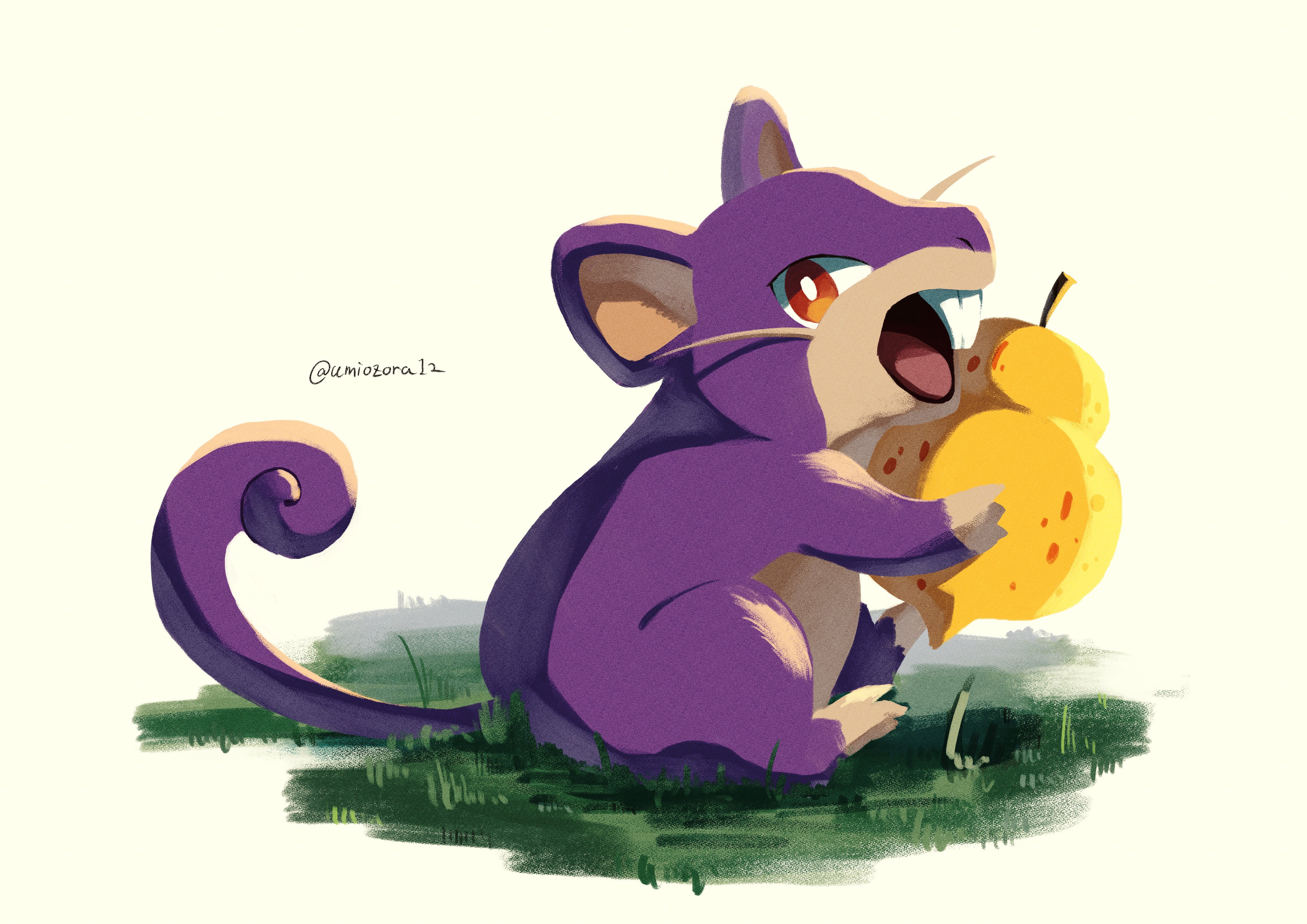 noahzark1212, rattata, nintendo, pokemon, absurdres, highres, animal focus, berry (pokemon), gen 1 pokemon, grass, holding, mouse (animal), no humans, open mouth, pokemon (creature), pokemon focus, red eyes, sharp teeth, sitrus berry, tail, teeth