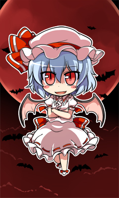 mamo williams, remilia scarlet, touhou, lowres, 1girl, bat (animal), blush stickers, chibi, crossed arms, female focus, full moon, moon, red moon, solo