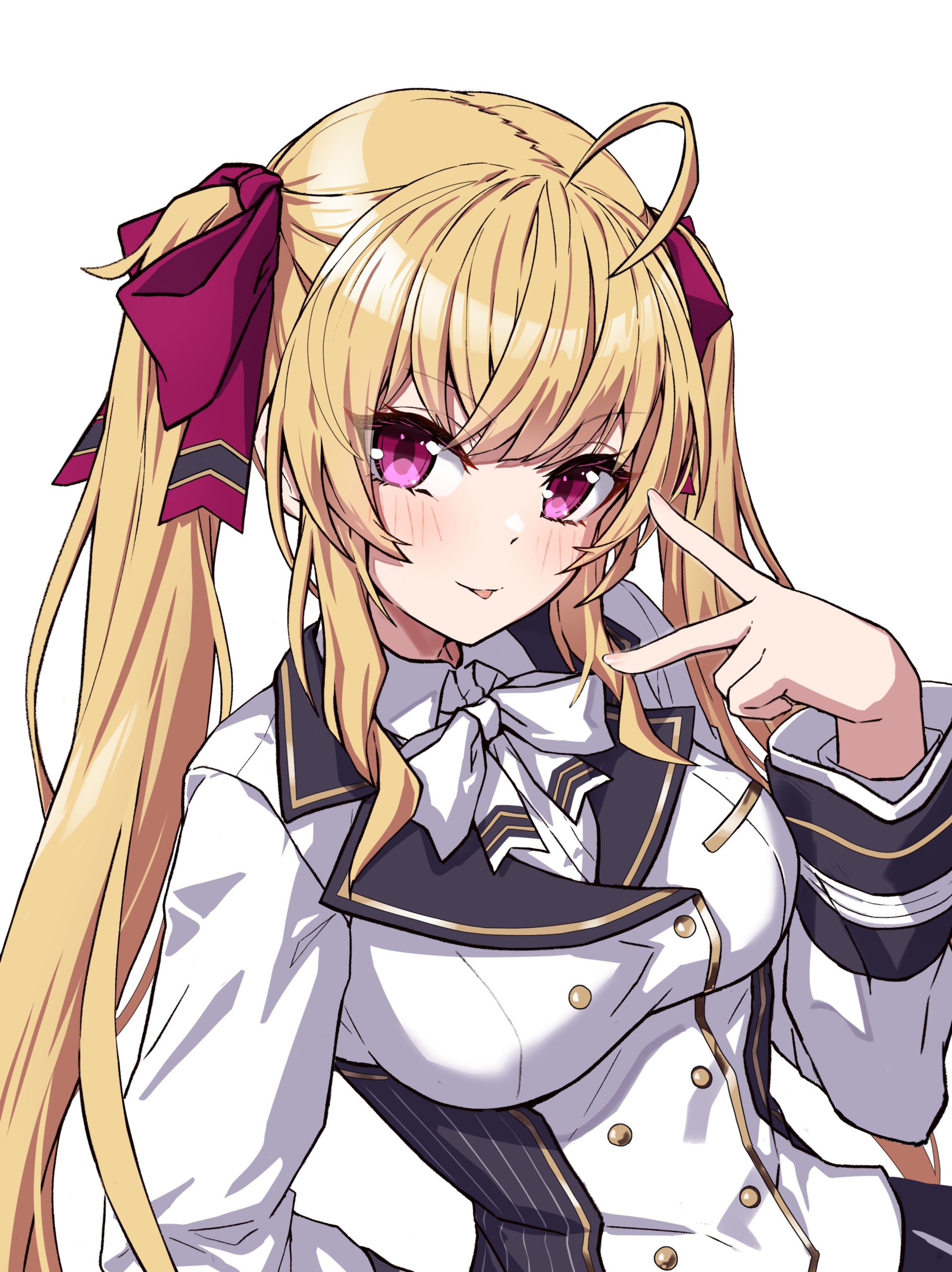 takanashi kei (hitsujikan), takamiya rion, nijisanji, absurdres, highres, 1girl, ahoge, blonde hair, blush, breasts, large breasts, long hair, long sleeves, looking at viewer, purple eyes, sidelocks, smile, solo, tongue, tongue out, twintails, virtual youtuber