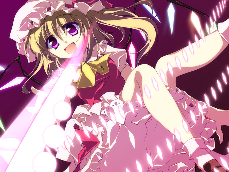 motomiya mitsuki, flandre scarlet, touhou, 1girl, blonde hair, bloomers, blouse, danmaku, female focus, hat, mob cap, purple background, purple eyes, shirt, short hair, socks, solo, underwear, white hat, white shirt, white socks, wings