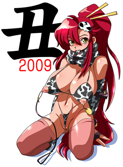 higashiyama (higashiyama honpo l.t.d), yoko littner, tengen toppa gurren lagann, 00s, 1girl, 2009, animal print, ball gag, bdsm, bikini, blush, bondage, bound, breasts, cameltoe, cleavage, cow print, female focus, fingerless gloves, gag, gagged, gloves, hair ornament, large breasts, new year, nipple bondage, nipple chain, nipple piercing, nippleless clothes, nipples, piercing, pink thighhighs, ponytail, red hair, scarf, solo, string bikini, swimsuit, thighhighs, wiffle gag, yellow eyes