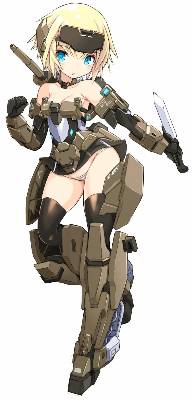 karukan (monjya), gourai, frame arms girl, commentary request, highres, 1girl, :o, armpit crease, bare shoulders, black dress, black gloves, black thighhighs, blonde hair, blue eyes, breasts, cleavage, clenched hand, collar, collarbone, detached collar, dress, elbow gloves, full body, gloves, green collar, green panties, headgear, holding, holding knife, knife, looking at viewer, mecha musume, mechanical arms, mechanical legs, microdress, open mouth, panties, short hair, simple background, small breasts, solo, standing, strapless, strapless dress, striped clothes, striped panties, thighhighs, two-tone panties, underwear, white background, white panties